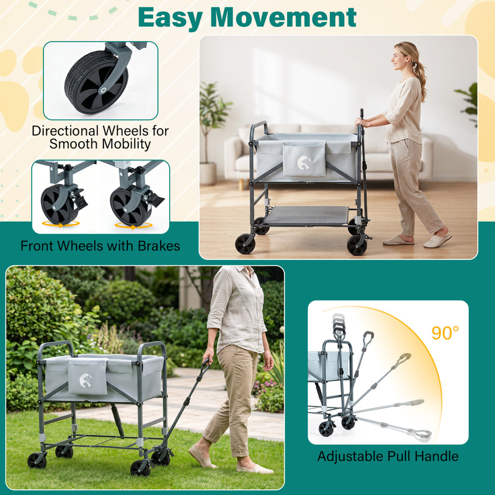 Foldable dog bath cart in gray features adjustable height, directional wheels, and multifunctional storage for pets.