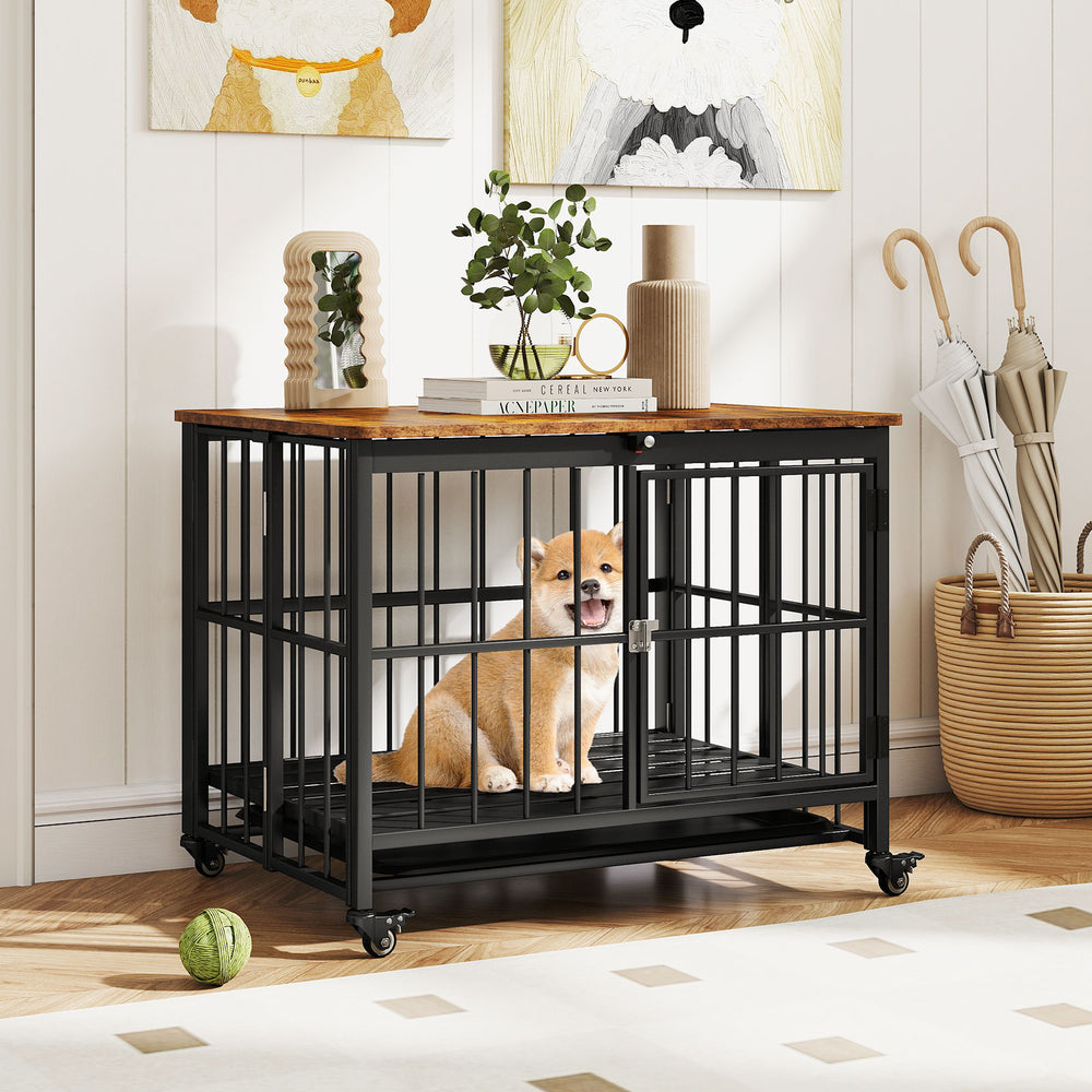Foldable dog crate furniture with removable tray, lockable door, and wood-like top for easy cleaning and pet.