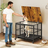 Foldable dog crate furniture with removable tray, lockable door, and wood-like finish for easy cleaning and interaction.