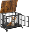 Foldable dog crate furniture with removable tray, lockable door, and wood-like top for easy feeding and interaction.