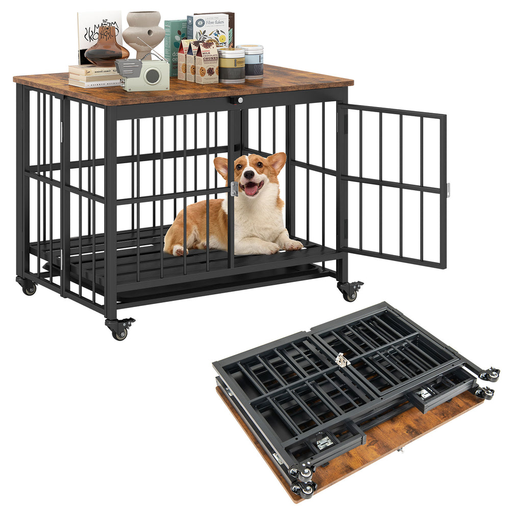 Foldable dog crate furniture with removable tray, lockable door, and wood-like veneer for easy cleaning and storage.
