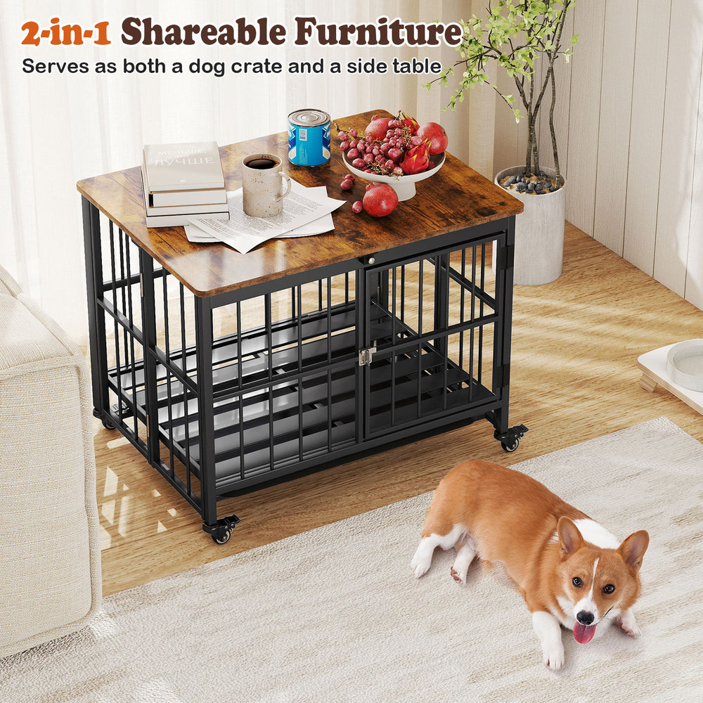 Foldable dog crate furniture with removable tray, lockable door, and wood-like top, perfect as a side table for pet.