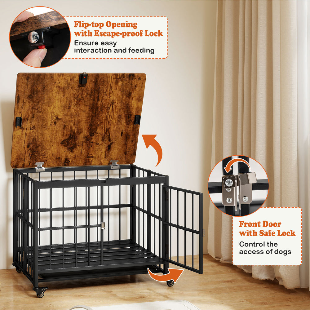 Foldable dog crate furniture with flip-top opening, lockable front door, and removable tray for easy cleaning and.