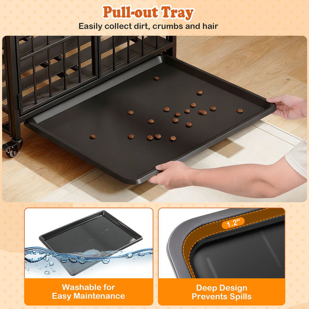 Pull-out tray from the foldable dog crate furniture for easy cleaning of dirt and crumbs, designed for convenient.