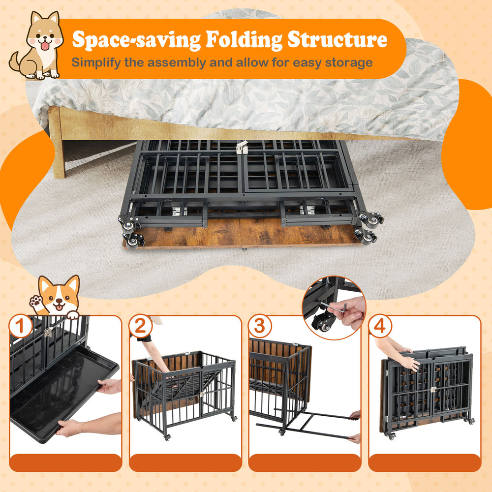 Foldable dog crate furniture with removable tray, lockable door, and space-saving structure for easy storage and.