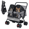 Foldable double pet stroller in gray with adjustable sunshade, safety leash, and storage baskets for multiple pets.
