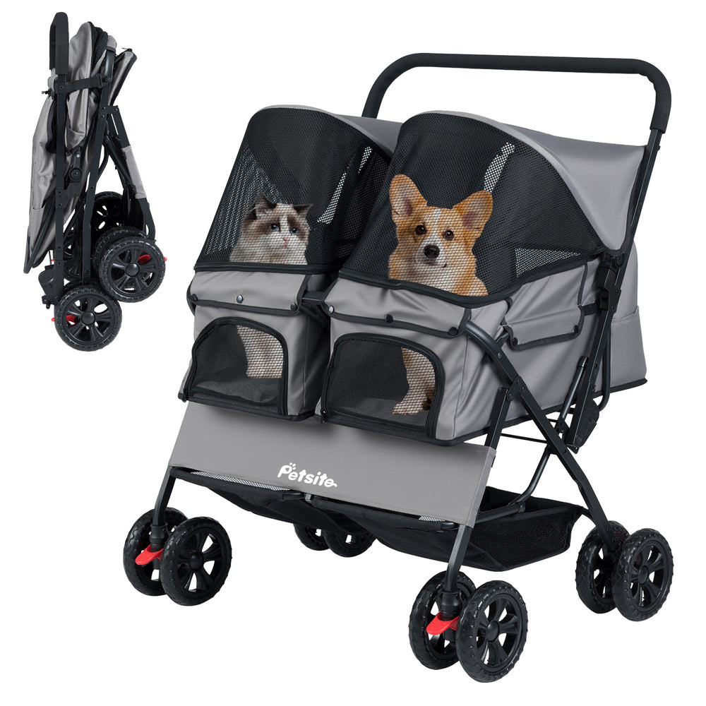 Foldable double pet stroller in gray with adjustable sunshade, safety leash, and storage baskets for multiple pets.