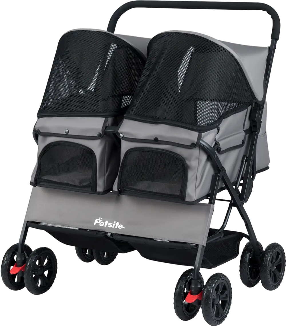 Side view of the foldable double pet stroller in gray, showcasing its breathable mesh, zippered doors, and comfortable.