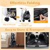 Foldable double pet stroller in gray with adjustable sunshade, easy to store and transport, featuring a folding lock.