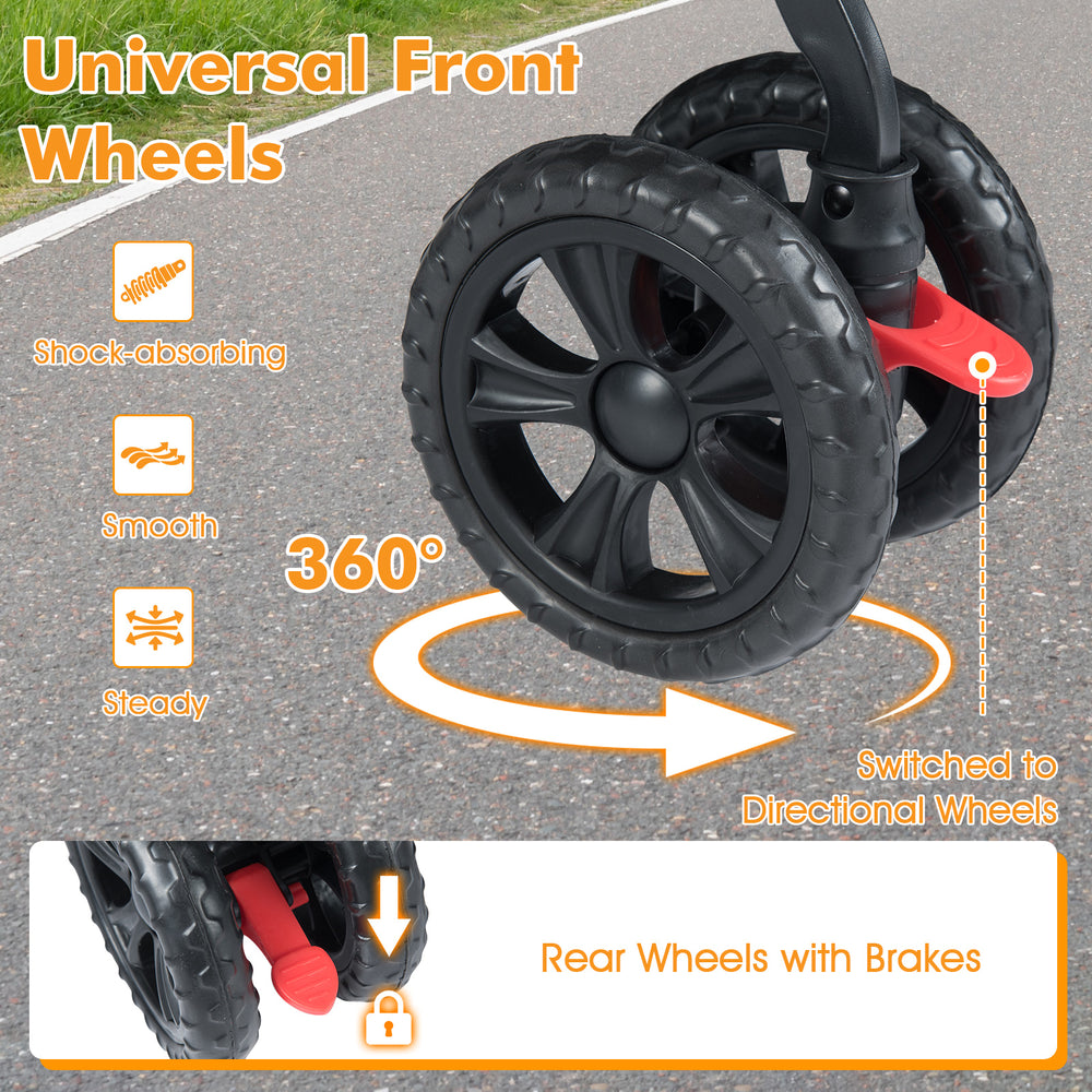 Close-up of the universal front wheels of a foldable double pet stroller, featuring 360° rotation and shock-absorbing.