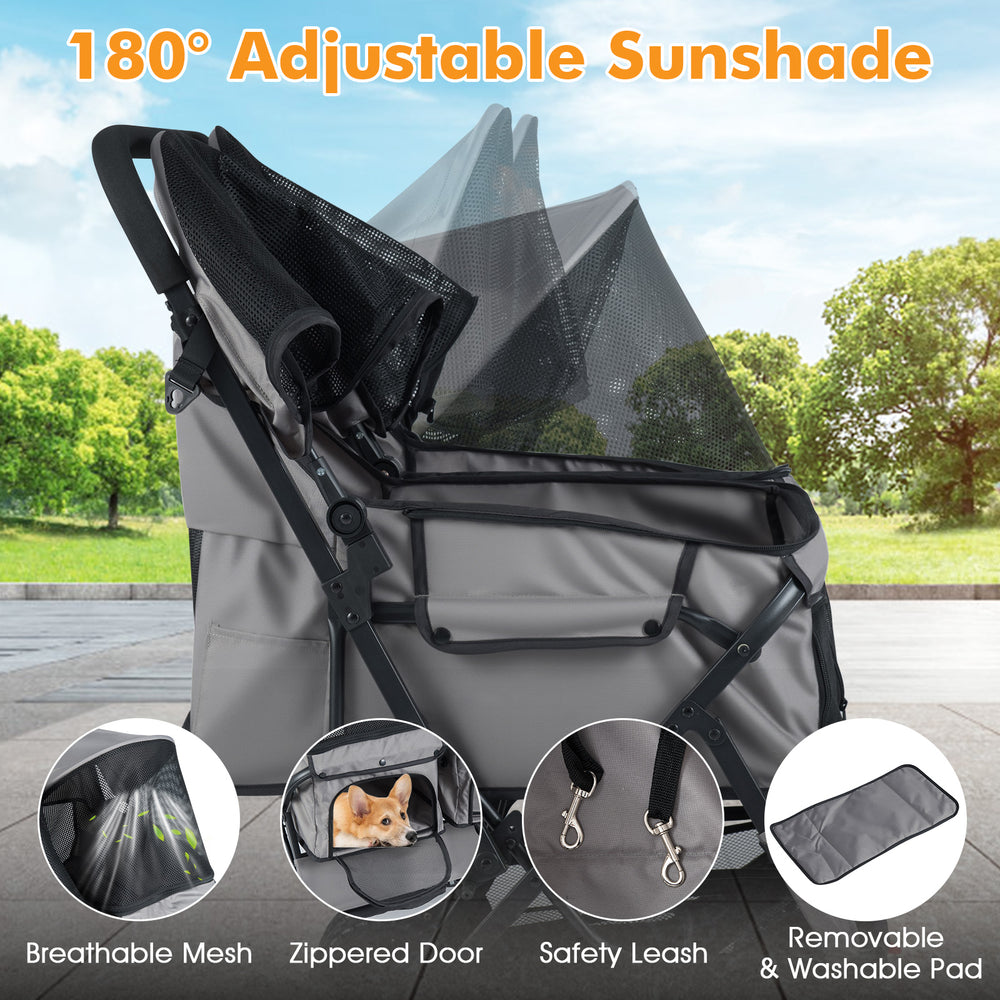 Foldable double pet stroller in gray with 180° adjustable sunshade, breathable mesh, and zippered door for easy access.
