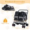 Foldable double pet stroller in gray with adjustable sunshade, storage baskets, and safety features for multiple pets.
