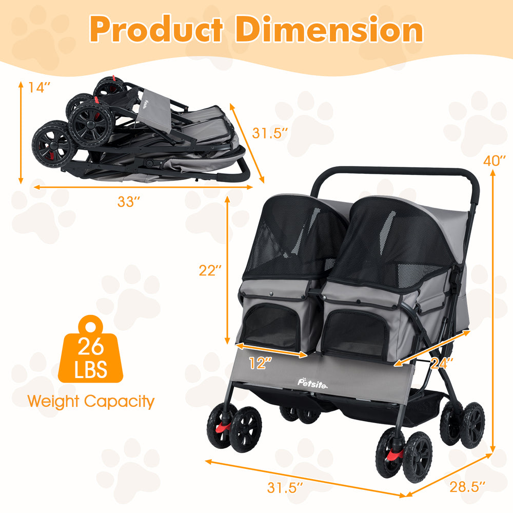 Foldable double pet stroller in gray with adjustable sunshade, storage baskets, and safety features for multiple pets.