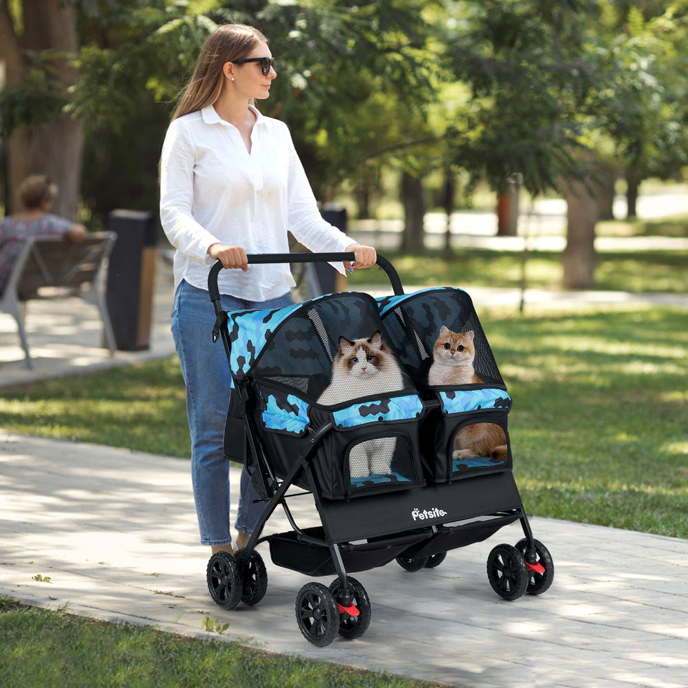 Foldable Double Pet Stroller with Adjustable Sunshade and Storage Basket-Navy - Gallery View 1 of 10