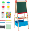 Foldable double-sided easel with magnetic chalkboard, storage trays, and paint cups for kids' creative activities.