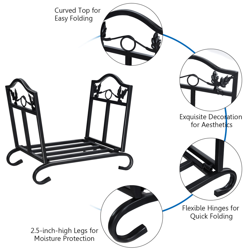 Foldable firewood log rack with elegant leaf pattern, sturdy steel frame, and 2.5-inch legs for moisture protection.