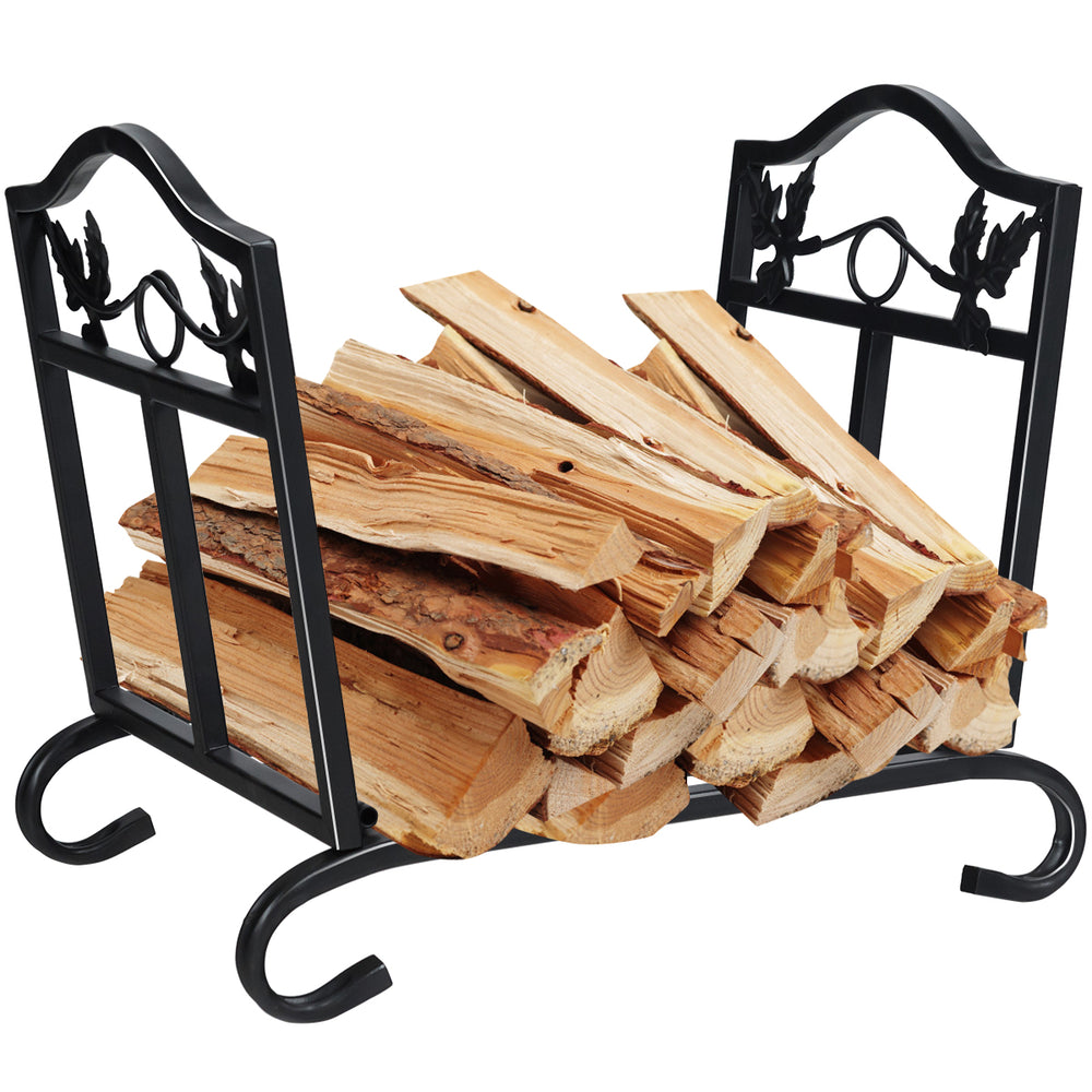 Foldable firewood log rack with leaf pattern design, sturdy steel frame, and elegant arch-shaped feet for indoor or.