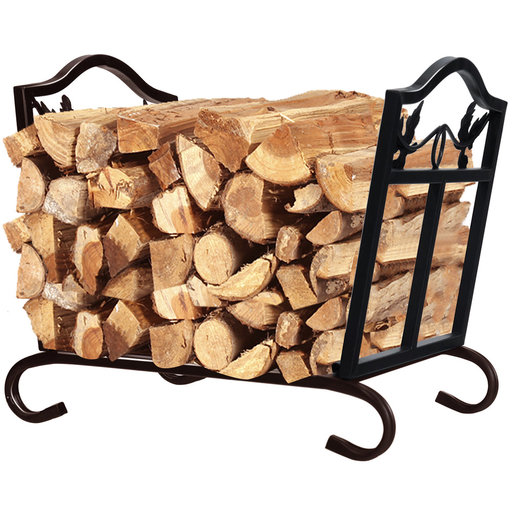 Foldable firewood log rack with a sturdy steel frame and leaf pattern design, perfect for indoor or outdoor wood.