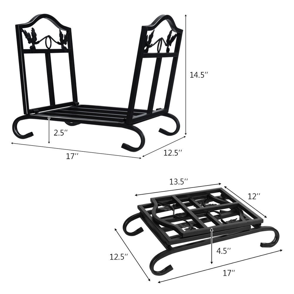 Foldable firewood log rack with leaf pattern design, sturdy steel frame, and 2.5" ground clearance for indoor or.