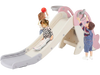 Foldable pink baby slide climber playset features a basketball hoop, enclosed stairs, and secure handrails for safe play.