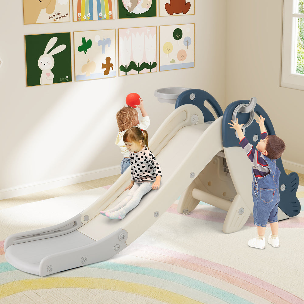 Foldable Freestanding Baby Slide Climber Playset with Basketball Hoop for Kids-Blue - Gallery View 1 of 10