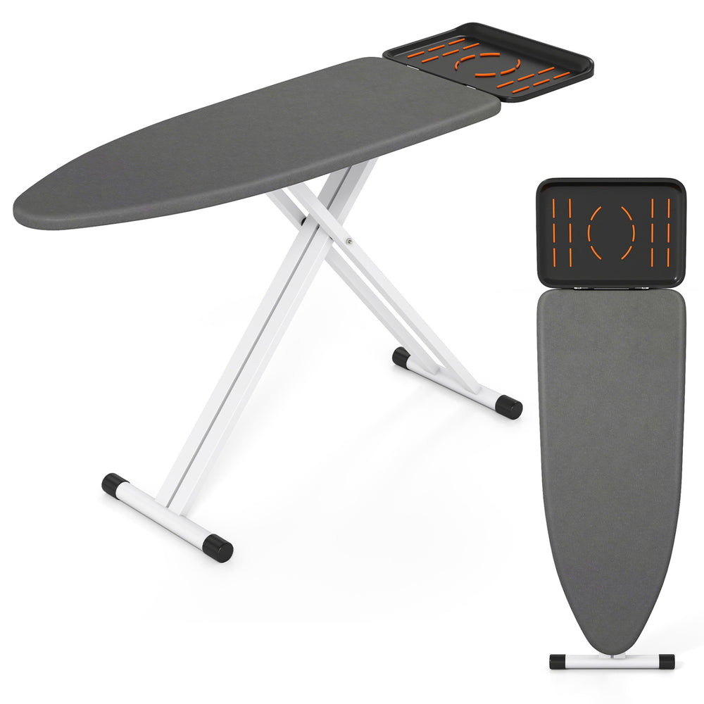 Foldable full-size ironing board with a heat-resistant surface and stable cross-shaped frame, ideal for small spaces.