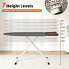 Foldable ironing board with 7 height levels, thick-padded heat-resistant surface, and stable cross-shaped frame for comfort.
