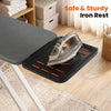 Foldable ironing board featuring a heat-resistant surface and a safe, sturdy iron rest with silicone pads for stability.