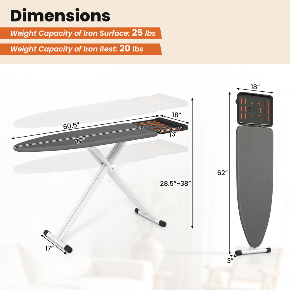 Foldable full-size ironing board with 7 height levels, heat-resistant surface, and sturdy iron rest for convenient ironing.