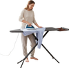 Foldable full-size ironing board with a heat-resistant surface, adjustable height, and collapsible iron rest for easy storage.