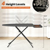 Foldable ironing board with 4 height levels, heat-resistant surface, and collapsible iron rest for laundry room convenience.