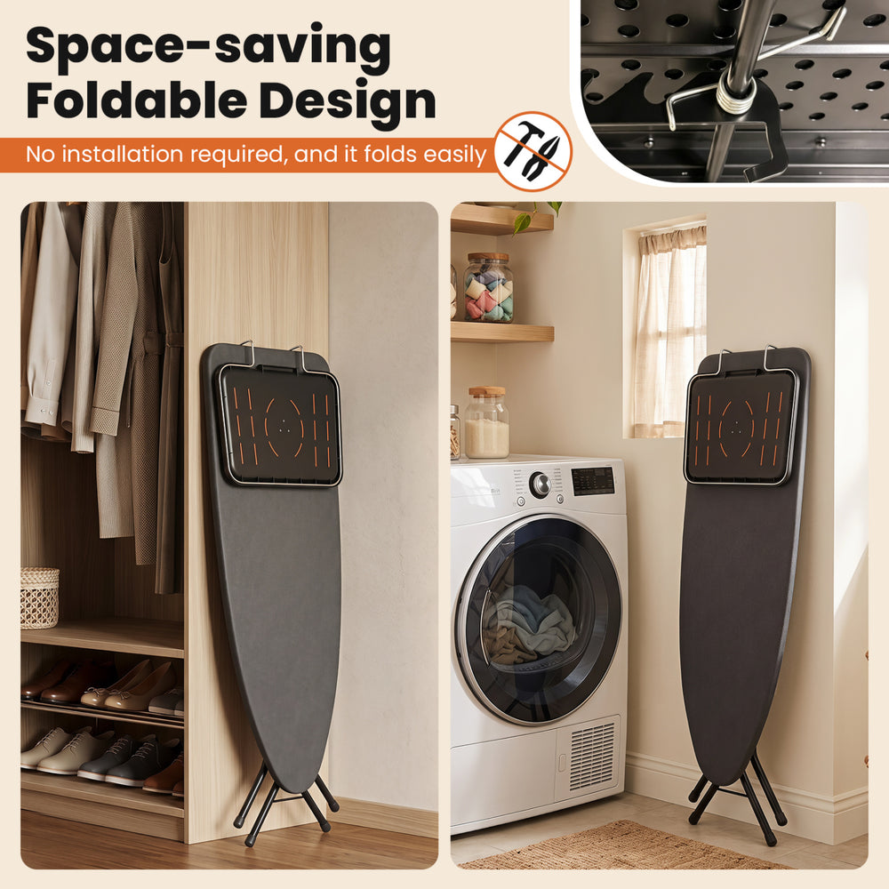Foldable full-size ironing board with collapsible iron rest, featuring a heat-resistant surface and space-saving design.