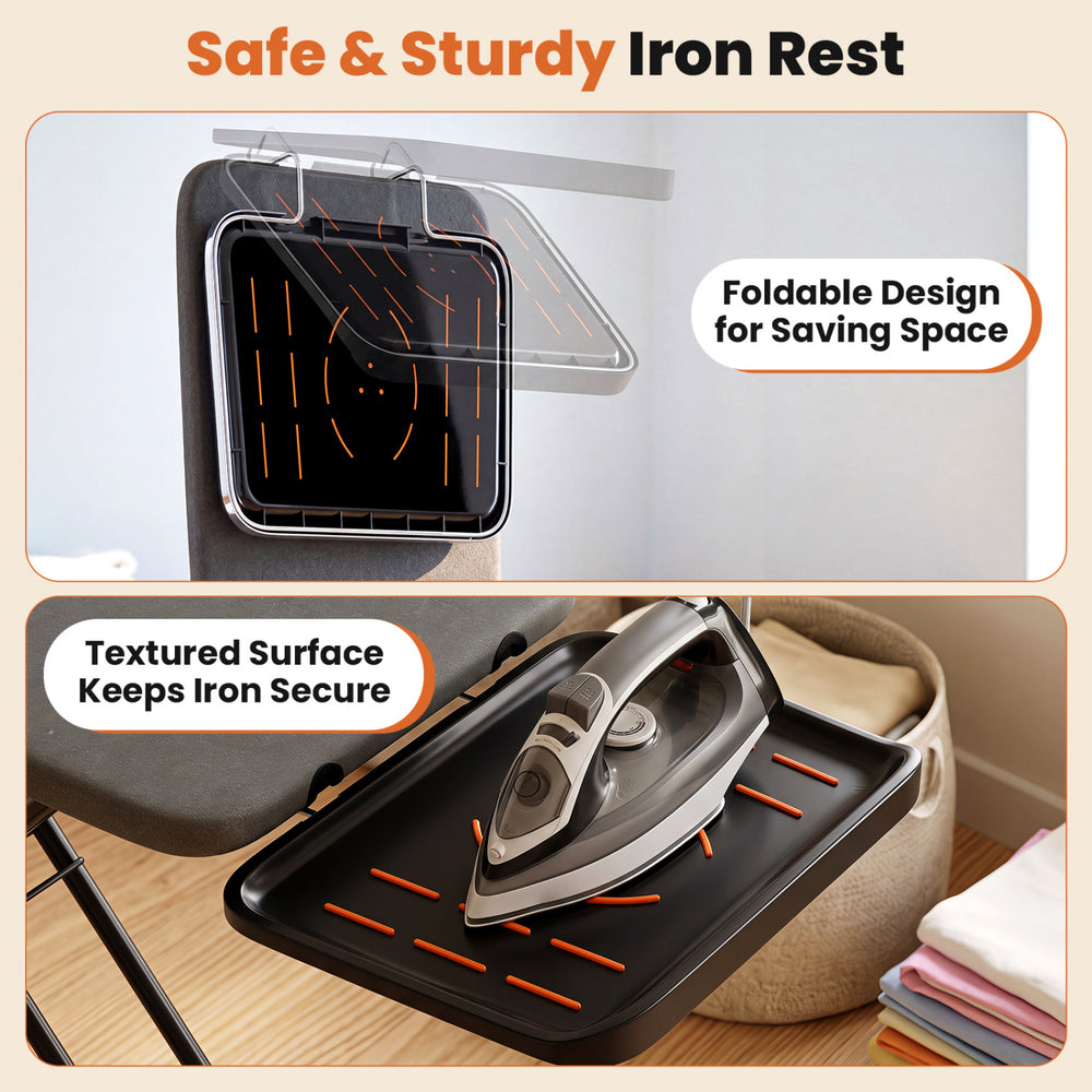 Foldable iron rest with textured surface for secure placement, designed for the space-saving ironing board in laundry rooms.