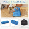 Blue foldable futon mattress with washable cover, shown rolled up for easy storage and transport, ideal for camping.
