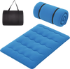 Blue foldable futon mattress with washable cover and carry bag, ideal for camping or as a floor mat.