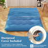 Foldable blue futon mattress with washable cover, ideal for camping or as a floor mat, includes dustproof cover.
