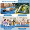 Blue foldable futon mattress shown as a sleeping pad, ideal for camping, play, or yoga, with a washable cover and carry.