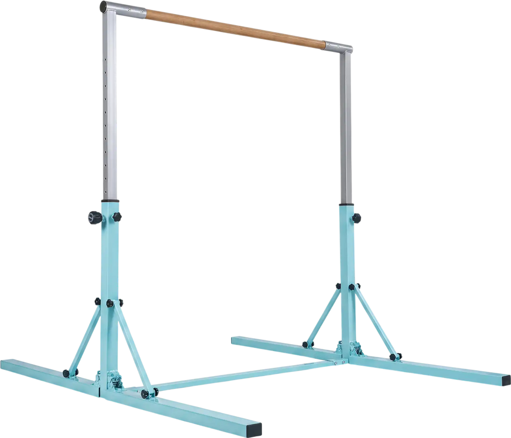 Foldable gymnastics bar for kids with adjustable heights from 35.5" to 59", perfect for indoor training and exercise.
