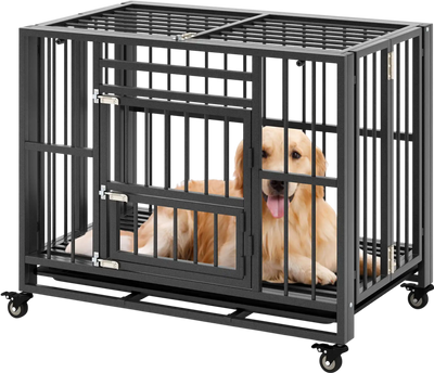 Costway Foldable Heavy-Duty Metal Dog Crate Kennel w/ Lockable Wheels 56317892 New