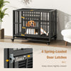 Heavy-duty metal dog cage with 4 spring-loaded door latches and lockable wheels, ideal for medium and small dogs.