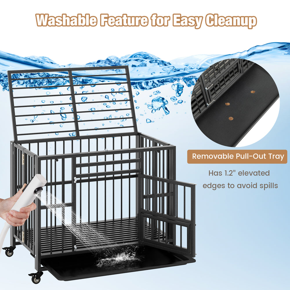 Foldable heavy-duty metal dog cage with removable pull-out tray and lockable doors, designed for easy cleaning and.