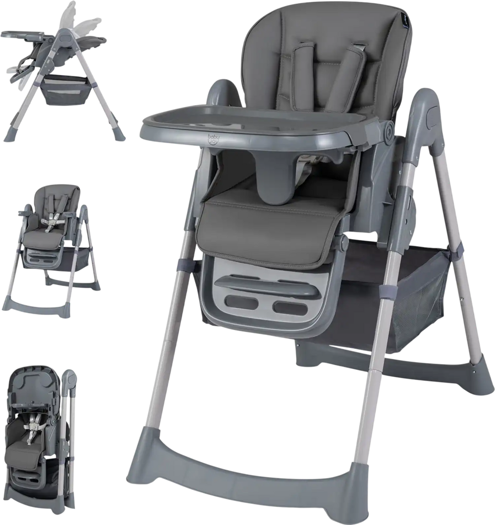 Foldable high chair for babies and toddlers in gray with adjustable features and removable padded seat for easy cleanup.