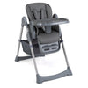 Foldable high chair for babies and toddlers in gray with adjustable features, removable tray, and padded seat for easy cleanup.