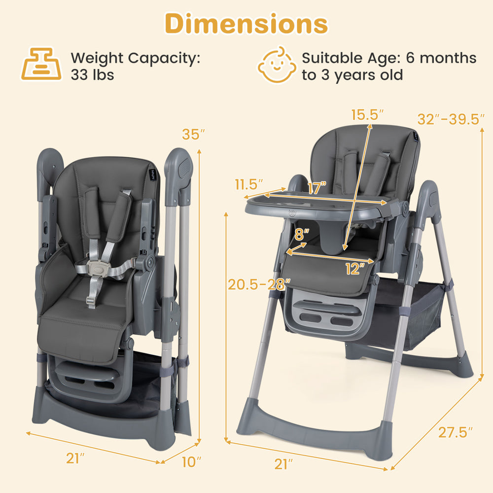 Foldable high chair for babies and toddlers in gray with adjustable height, removable tray, and 5-point harness for safety.