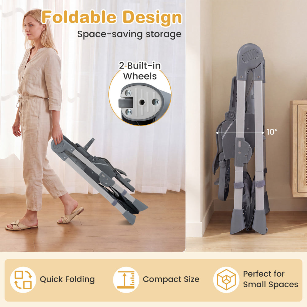 Foldable high chair for babies and toddlers in gray, featuring a compact design with built-in wheels for easy storage.