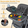 Removable double tray of the gray foldable high chair for babies, featuring BPA-free PP material and easy one-hand removal.