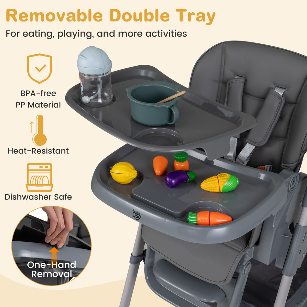 Removable double tray of the gray foldable high chair for babies, featuring BPA-free PP material and easy one-hand removal.