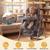Foldable high chair for babies and toddlers in gray with adjustable features and removable waterproof artificial leather cushion.