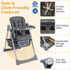 Foldable high chair for babies and toddlers in gray with adjustable features, 5-point harness, and detachable storage basket.