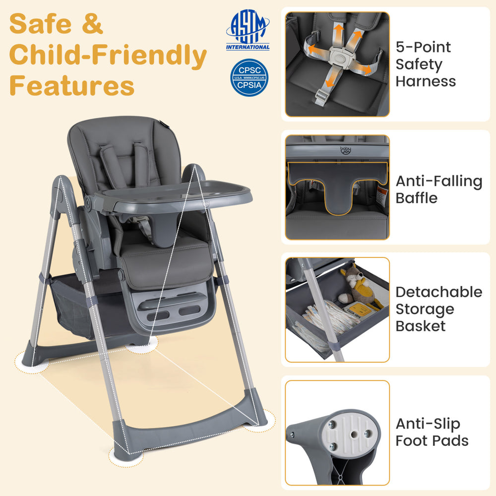Foldable high chair for babies and toddlers in gray with adjustable features, 5-point harness, and detachable storage basket.